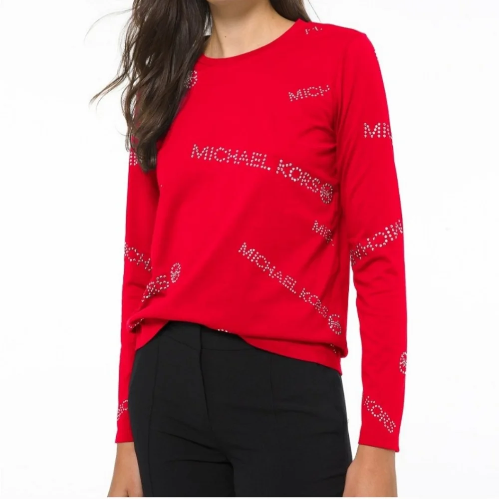Michael Kors Red Long Sleeve Top, Gold Logo Studs, Round Neck, 100% Cotton LG - Picture 8 of 8